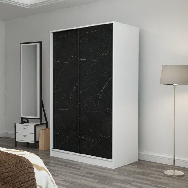 FUNZI LIVING 2313 garderobeskab, m. 2 skydelåger, 1 bøjlestang, 5 hylder - sten og hvid