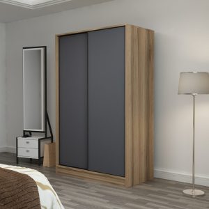 FUNZI LIVING 2316 garderobeskab, m. 2 skydelåger, 1 bøjlestang, 5 hylder - antracitgrå og egefarvet