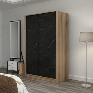 FUNZI LIVING Kales 2321 garderobeskab, m. 2 skydelåger, 1 bøjlestang, 5 hylder - sten og egefarvet