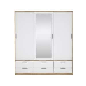 TVILUM Line garderobeskab, m. 2 skydelåger, 1 spejlskydelåge, bøjlestang, 6 skuffer - egetræsstruktur og hvid højglans træ