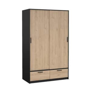 TVILUM Madrid garderobeskab, m. 2 skydelåger, bøjlestang, hylder, 2 skuffer - Jackson Hickory og matsort træ